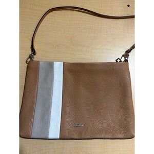 Prüne Pebbled Leather‎ Crossbody Bag Tan Grey White Striped Slim Clutch